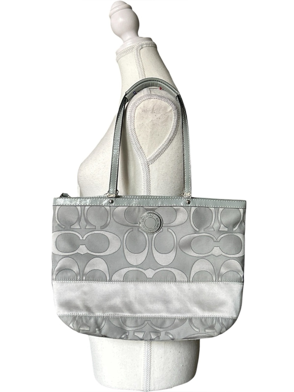 Y2K “Coach” Blue/Gray Monogram Print Signature Tote Shoulder Bag
